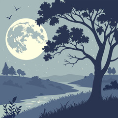 Fototapeta premium Nature scene with tree and fullmoon at night and Digital art moon and tree wallpaper 