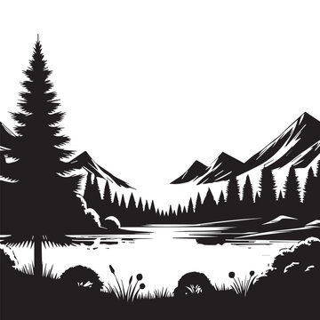 natural scenery background, mountains, lake, black and white, editable vector image