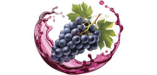 Fresh dark grapes with splash of red wine and green leaves