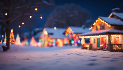 Charming Snowy Village Decorated With Festive Christmas Lights on Winter Night