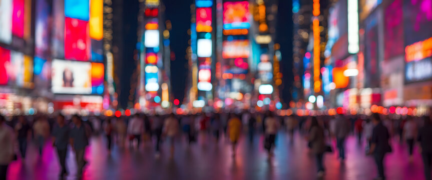 Blurred Evening Crowd at a Vibrant City with Lights and Billboards