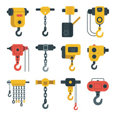 Collection of twelve flat design industrial chain hoists and electric winches