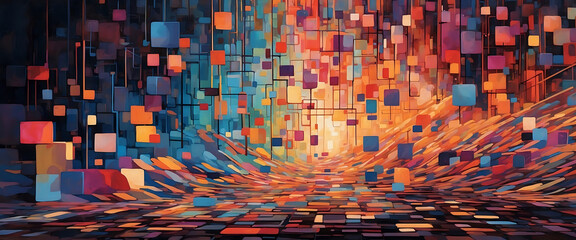 Abstract Geometric Digital Landscape with Colorful Rectangles and Dynamic Flow
