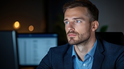 Obraz premium Focused businessman in a dark office setting contemplating future plans with digital screens in the background