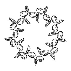 This vector illustration showcases a round frame made of lush green olives. It beautifully encapsulates the essence of nature and freshness, making it ideal for branding gourmet food or olive oil