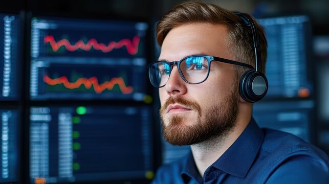 Professional trader analyzing financial data with headset in modern office environment, demonstrating focus and concentration on market trends