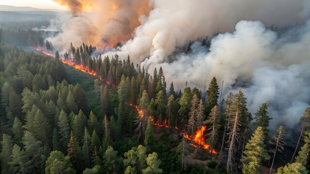 Aerial view of a raging forest fire burning through dense pine trees with thick smoke plumes rising