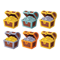 Collection of six open treasure chests filled with gold and silver coins