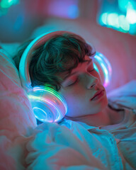Teen boy wearing futuristic neural headphones, relaxing on a bed surrounded by ambient led lights