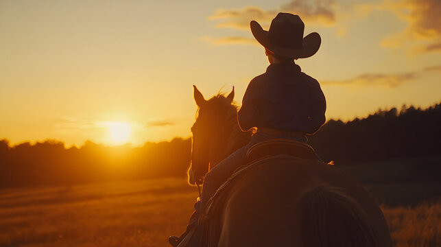 ni&ntilde;o vaquero en silueta con su tejana montando y cabalgando en el caballo disfrutando de un dia hermoso al atardecer en el campo al aire libre recreativo y aventura