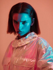 Close-up portrait of a serious young woman in iridescent jacket under vibrant neon lights. Fashion and futuristic concept.