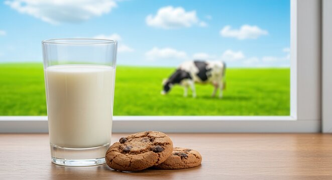 Glass of milk with cookies on table overlooking grazing cow  