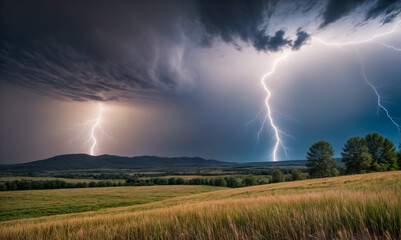 Dark clouds gather as powerful lightning strikes illuminate the sky over a lush green field. The storm creates a dramatic contrast with the mountainous background at dusk.