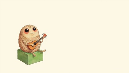 Cute hedgehog playing ukulele with happy expression on box on light background