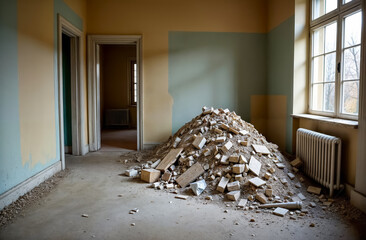 Unfinished renovation project reveals a mound of debris in a dilapidated room with peeling paint and large windows