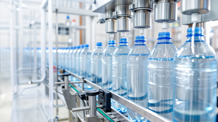 Bottled water production on an assembly line in a modern manufacturing facility