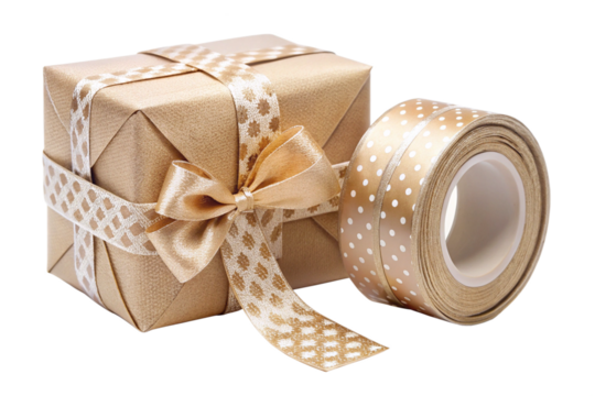 Beige gift box with gold ribbon bow and polka dot ribbon roll isolated on a transparent background present