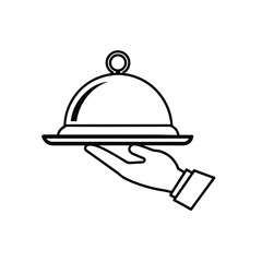 Fototapeta premium Minimalist Line Drawing of Waiter Hand Holding Serving Tray with Cloche – Black and White Illustration