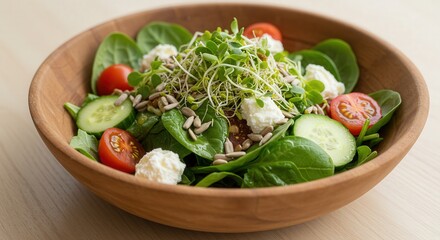 Fresh salad with spinach, tomatoes, cucumber, and sprouts in bowl  