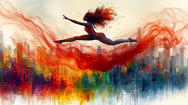 Woman doing a grand jet&eacute; over abstract colorful city. Concept of freedom, success, and overcoming challenges. Active lifestyle footage.