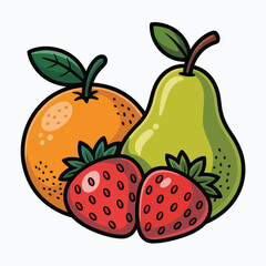Vibrant cartoon illustration of an orange pear and two strawberries with leaves