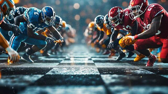 Men in football uniform at scrimmage in checkerboard effect. Strategy board game and sport. Competitive American football contest footage.