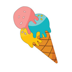 three scoops of ice cream in a waffle cone