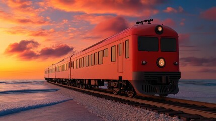 Coastal Train Journey at Sunset: Red Train on Tracks by the Sea with Vibrant Sky