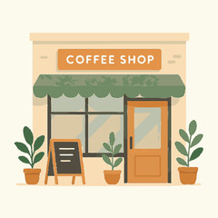 Flat vector illustration of a cozy coffee shop storefront with plants and signboard