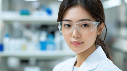 Fototapeta premium Focused Female Scientist in Laboratory Setting with Safety Glasses and Lab Coat for Research and Experimentation