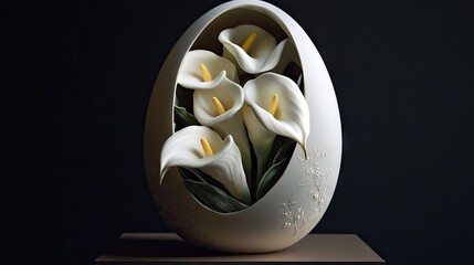 Ornamental egg-shaped vase with intricate white calla lilies.
