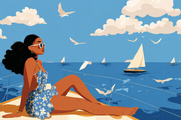 Obraz premium A woman with curly hair sits on the edge of a yacht, soaking up the sun. The vibrant blue ocean and fluffy clouds create a peaceful summer atmosphere during a leisure day on the water