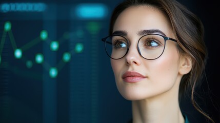 Thoughtful businesswoman with glasses reflecting data analysis on a dark background with graphs and charts in a professional setting