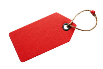 Blank red paper price tag with twine loop and metal grommet on black background isolated on a transparent background