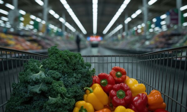 Sayuran segar dalam troli belanja di koridor supermarket yang cinematic melambangkan pilihan nutrisi sehat bagi konsumen modern