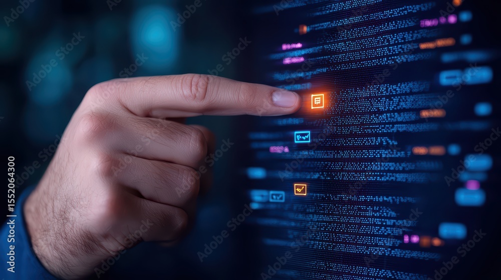 Poster close-up of a hand interacting with a digital display featuring colorful icons and data streams