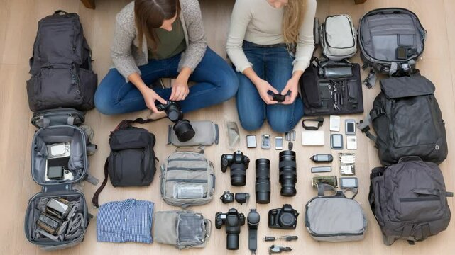 Photography equipment and gear spread on floor.