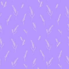 Delicate seamless pattern with thin outline sprigs of lavender on a lilac background. romantic style for wallpaper bed linen tablecloth textile background, packaging, dishes