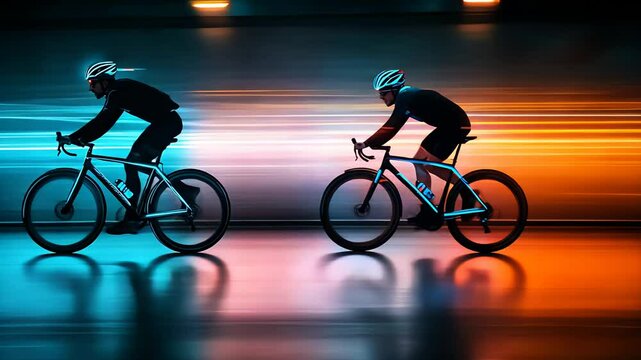 Two men riding bicycle fast with light trails, concept of speed and motion. Professional cyclist cycling on road at night footage.