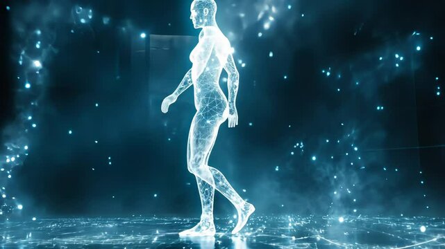 Digital woman body walking, surrounded by glowing data particles. Human anatomy, health, science, medical innovation concept footage.
