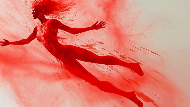 Woman flying through abstract red data. Digital transformation and AI neural network concept with fast moving lines animation footage.