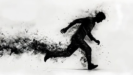 Black silhouette of a man running with dissolving particles. Concept of fast motion, transformation, abstract dark effect footage. - Powered by Adobe