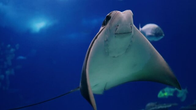 Stingrays in huge aquarium at oceanarium. Observing the life of animals 