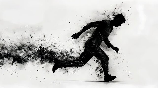 Black silhouette of a man running with dissolving particles. Concept of fast motion, transformation, abstract dark effect footage.