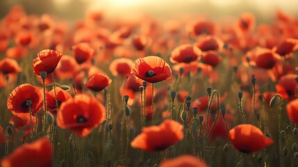 Poppy field bathed in golden light, a serene landscape of vibrant red blooms