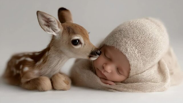 Rehkitz schnuppert an schlafendem Baby im Fotostudio. K&uuml;nstliche Intelligenz KI