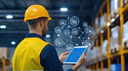 Man in Safety Gear Using Tablet in Warehouse with Supply Chain Digital Interface