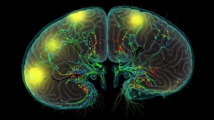 Detailed neural connectivity map of the Drosophila melanogaster brain. Fluorescent visualization of synaptic pathways in a fruit fly brain using high-resolution imaging. - Powered by Adobe