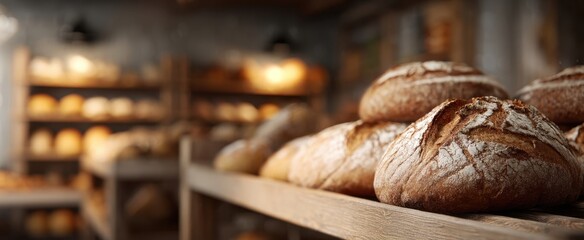 The rustic bread loaves beautifully arranged on wooden shelves in a bakery.