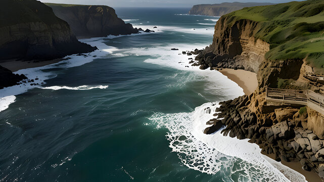  Cliffside by the ocean with low vegetation and waves crashing below 